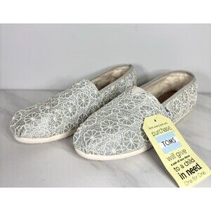 TOMS Women Silver Glitter Lace Slip On Casual Shoes Loafers Size 9.5